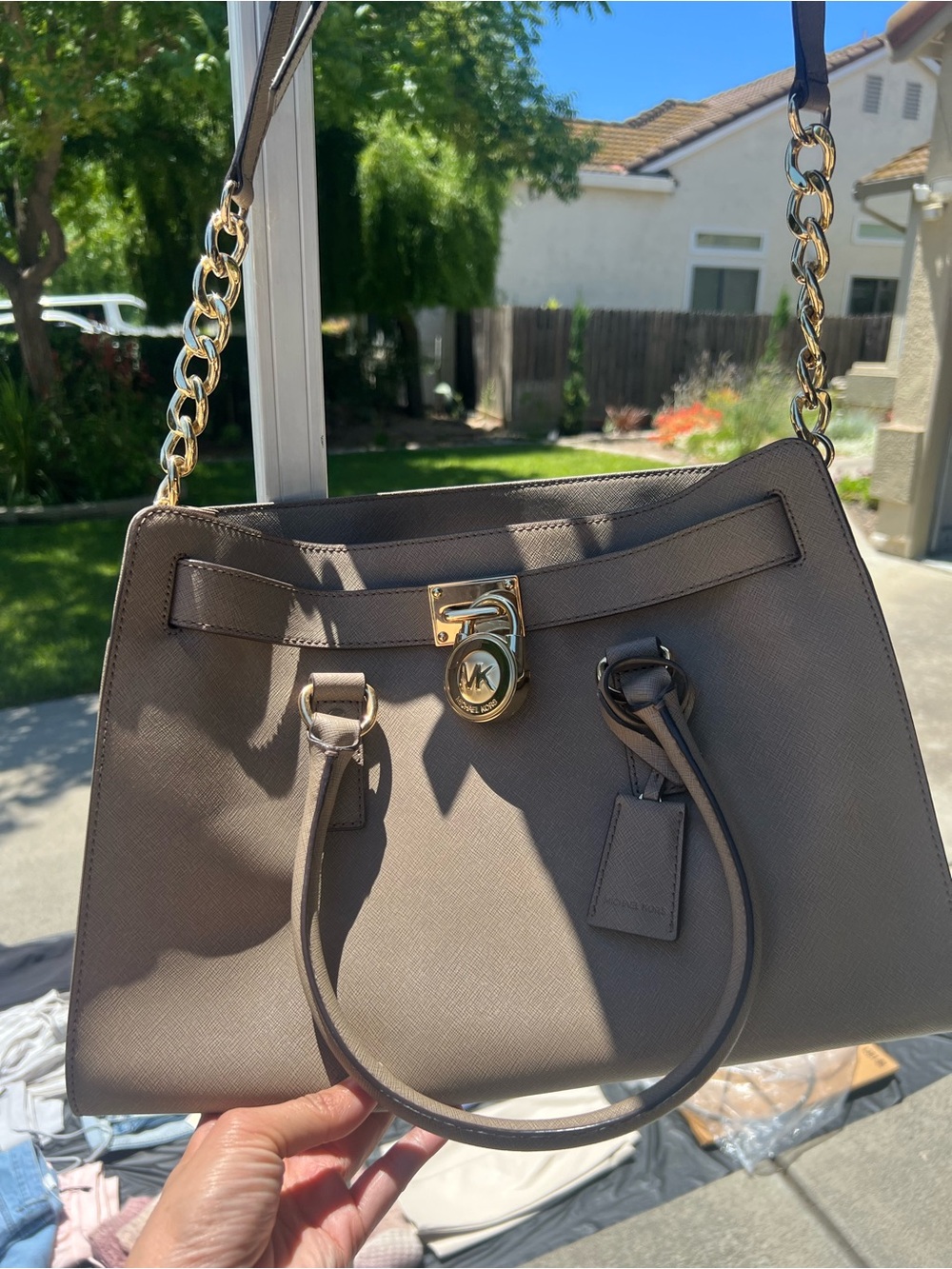 Michael Kors Taupe Saffiano Satchel with Gold Chain Strap